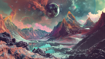 Astrogeology: Illustration of planetary geology, with features like volcanoes, mountains, and impact craters shaping the surfaces of worlds. 