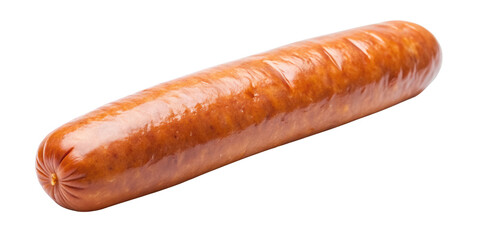 Single whole sausage with a smooth, glossy surface, perfect for grilling or cooking. Isolated on transparent background, png.