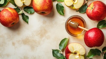 Fresh Red Apples and Honey on a Rustic Background