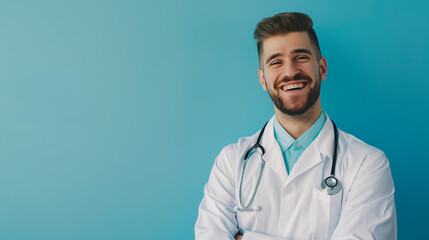 Smiling male doctor with stethoscope isolated on blue background