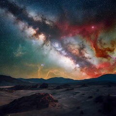 A breathtaking view of the Milky Way galaxy from the surface of a distant planet, with countless stars twinkling in the deep blackvoid, swirling nebulae in vibrant colors, and the distant glow 