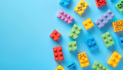 Colorful Plastic Building Blocks Scattered on a Blue Background