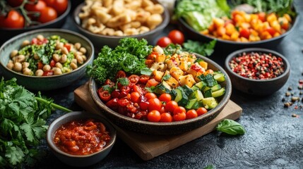 Fresh Colorful Vegetable Salad with Cherry Tomatoes and Chopped Herbs in Rustic Bowls