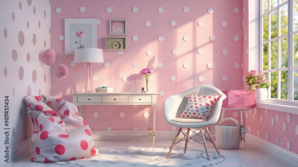 Poster soft pink hues with playful polka dots, creating a cheerful and charming backdrop.