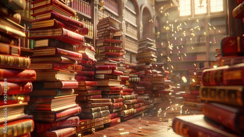 Poster stack books with library scene