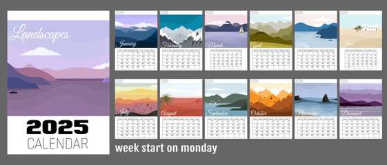 Abstract nature calendar for 2025 with flat minimal landscapes. Vertical A4 calendar by months, week starts on Monday. Greed calendar with places for notes.12 isolated month and cover on gray back.