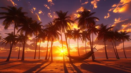 The sun setting behind a row of palm trees