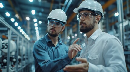 Young male automation engineers in a modern factory, one explaining the workings of robotic machinery