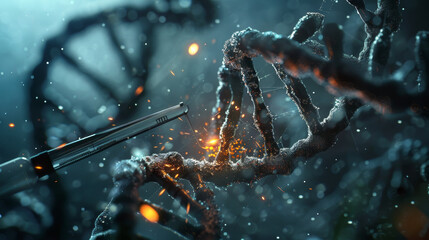 Gene editing: CRISPR-Cas9 technology editing genetic sequences, with molecular scissors cutting and replacing DNA. 