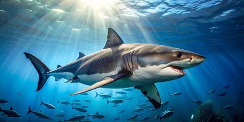 Fototapeta premium A big shark fish swimming underwater sea