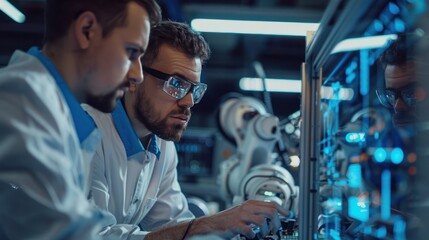 Young male automation engineers collaborating on software adjustments for robotic systems in a high-tech manufacturing facility