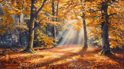 Obraz premium sunlight filtering through golden leaves tranquil woodland painting serene scene leafy season