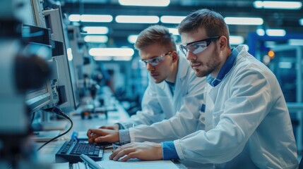 Two young male automation engineers collaborating on software adjustments for robotic systems in a high-tech manufacturing facility.