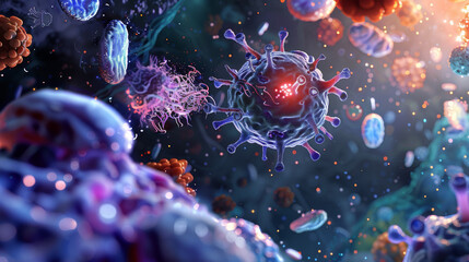Immunotherapy: Immune cells targeting cancer cells in the body, part of a personalized cancer treatment approach