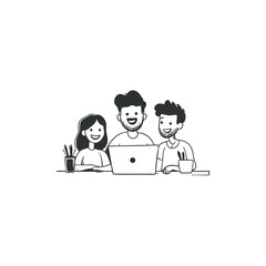 Vector illustration of a group of young people sitting studying with laptops.