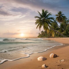 A serene tropical beach at sunrise, with soft pastel colors painting the sky, gentle waves lapping at the shore, palm trees swaying inthe light morning breeze, and seashells