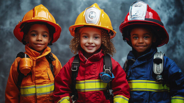 Future Heroes: A trio of young children beam with pride in firefighter costumes, embodying courage and aspiration against a textured backdrop.  