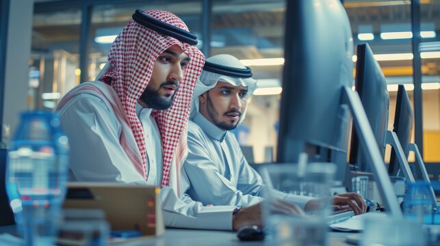 Saudi software engineers intently working on a desktop computer, brainstorming ideas in a modern industrial office setting.