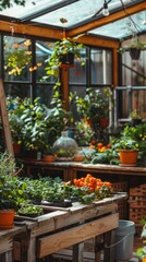 Obraz premium Greenhouse with potted plants and wooden table.