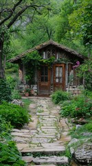 Stone path leading to a rustic wooden cabin nestled in a lush forest.