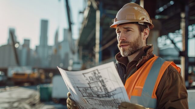 Engineering manager, project consultant, and foreman in safety gear, reviewing blueprints on a busy construction site