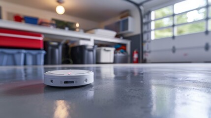Obraz premium A smart device rests on a polished garage floor, surrounded by storage bins and tools, showcasing modern technology in a practical space.