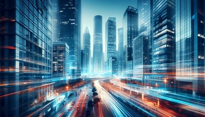 Nighttime cityscape with bustling traffic and bright lights in downtown Hong Kong