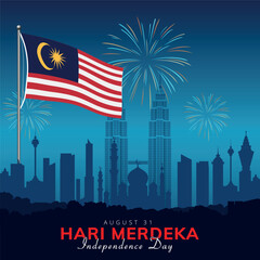 Malaysia independence day, Hari Merdeka poster, city skyline, fireworks and flag illustration