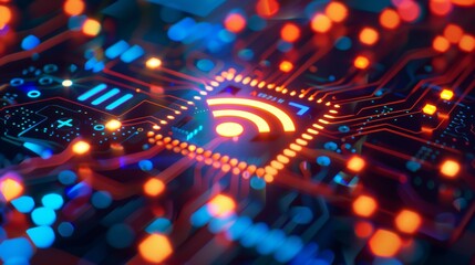 Close-up of a circuit board featuring a vibrant Wi-Fi symbol illuminated by colorful LED lights.