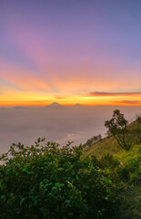 Sunrise landscape view, Hiking route to the highest peak of Merbabu mount 