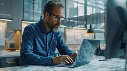 Architect and engineers working together in a sleek office, using a laptop to evaluate construction designs and ensure project accuracy