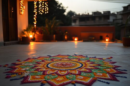 Beautifully decorated Indian home with bright lights, lanterns, and a rangoli with copyspace. Clear daylight.