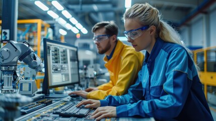 A female manager and male industrial engineer collaborating on microchip production using a desktop computer, set in a state-of-the-art automated factory