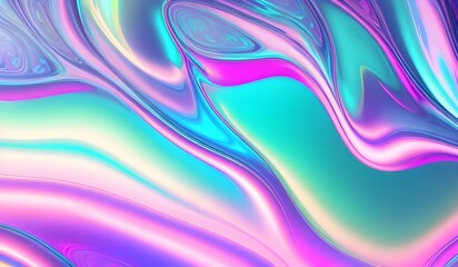 Naklejka premium Holographic iridescent surface with a wrinkled vaporwave texture. Trendy design featuring multiple colors in an 80's webpunk neon style. This eye-catching aesthetic is perfect for modern digital art.