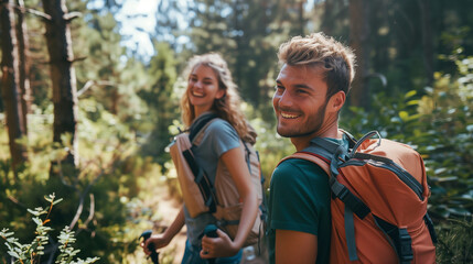 Couple hiking in the forest. Walk in nature. 