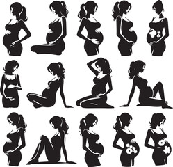 Pregnant Lady Silhouette Line Art Vector Illustration On Isolated White Background