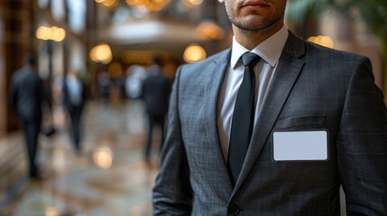 Close-up of a man in a business suit with a blank white nametag