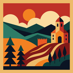 Vibrant illustration of a vineyard with mountains and houses at sunset.