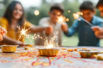 Traditional Indian family wearing festive attire lighting sparklers and enjoying sweets with copyspace and intricate rangoli patterns. Bright, sunny afternoon. 