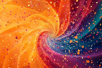 Vibrant Orange Background with Abstract Spiral of Colored Confetti and Lines, Featuring a Silhouette Icon for Employee Rewards