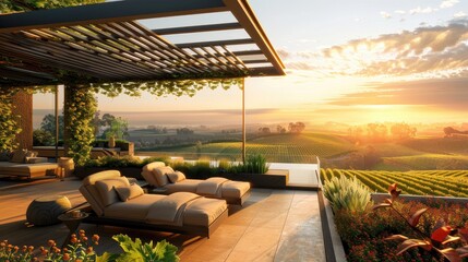 Fototapeta premium A contemporary terrace lounge with a sleek, modern pergola, comfortable daybeds, and a captivating view of a lush vineyard under a golden sunset.