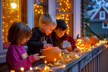 Fototapeta premium A group of children carving pumpkins on a porch decorated with Halloween lights