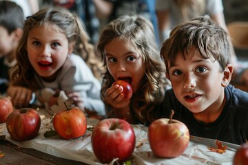 Fototapeta premium Children at a Halloween party, bobbing for apples and playing games --ar 3:2 --v 6 Job ID: a6f9f834-3c90-4c71-b420-5387d05fb019