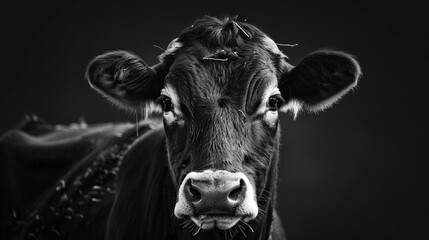 Dark black and white portrait of a frontal cows head on black background. Generative AI