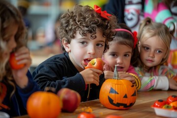 Fototapeta premium Children at a Halloween party, bobbing for apples and playing games 