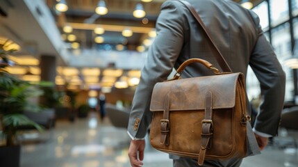 Male office worker holding a briefcase runs