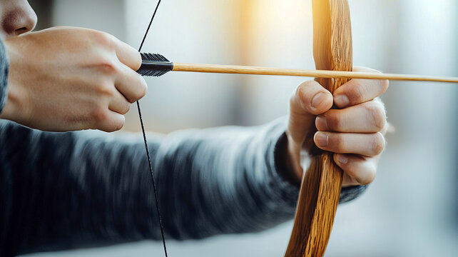 A close-up of an archer preparing to shoot an arrow, showcasing focus and precision with a bow and arrow.
