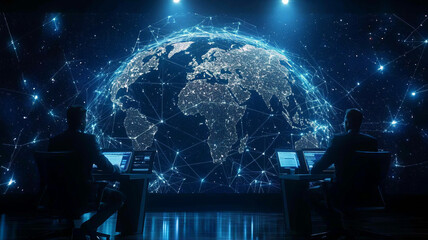A digital representation of a connected world, showcasing two professionals analyzing data in front of a glowing globe.