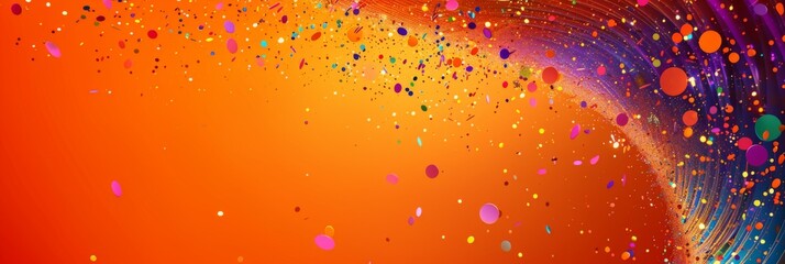 Vibrant Orange Background with Abstract Spiral of Colored Confetti and Lines, Featuring a Silhouette Icon for Employee Rewards