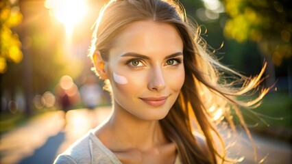 A young woman on a morning walk, her face glowing with a natural look achieved through a light BB cream and a touch of blush.